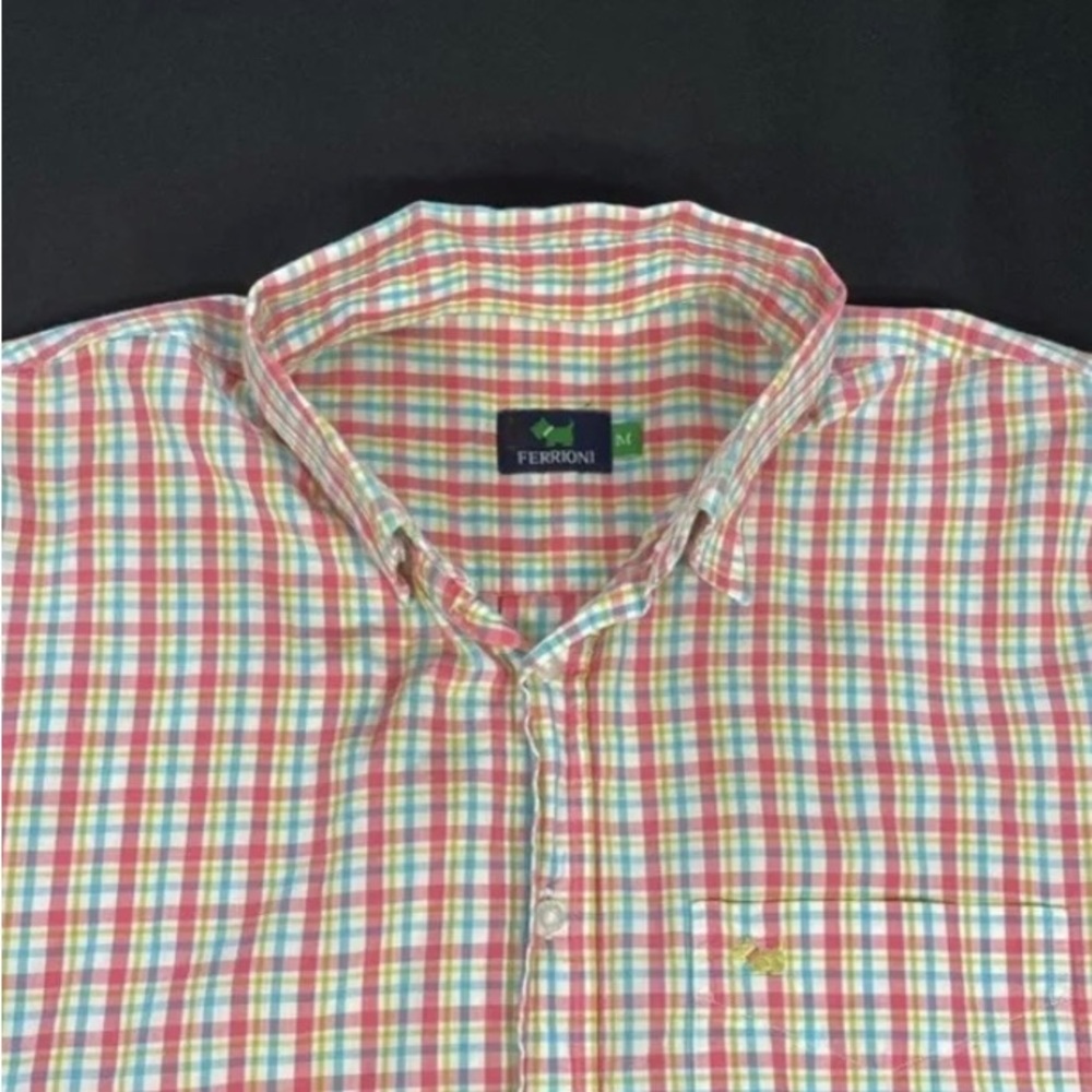 Ferrioni Mens Pink Plaid Long Sleeve Button Up Shirt Size M